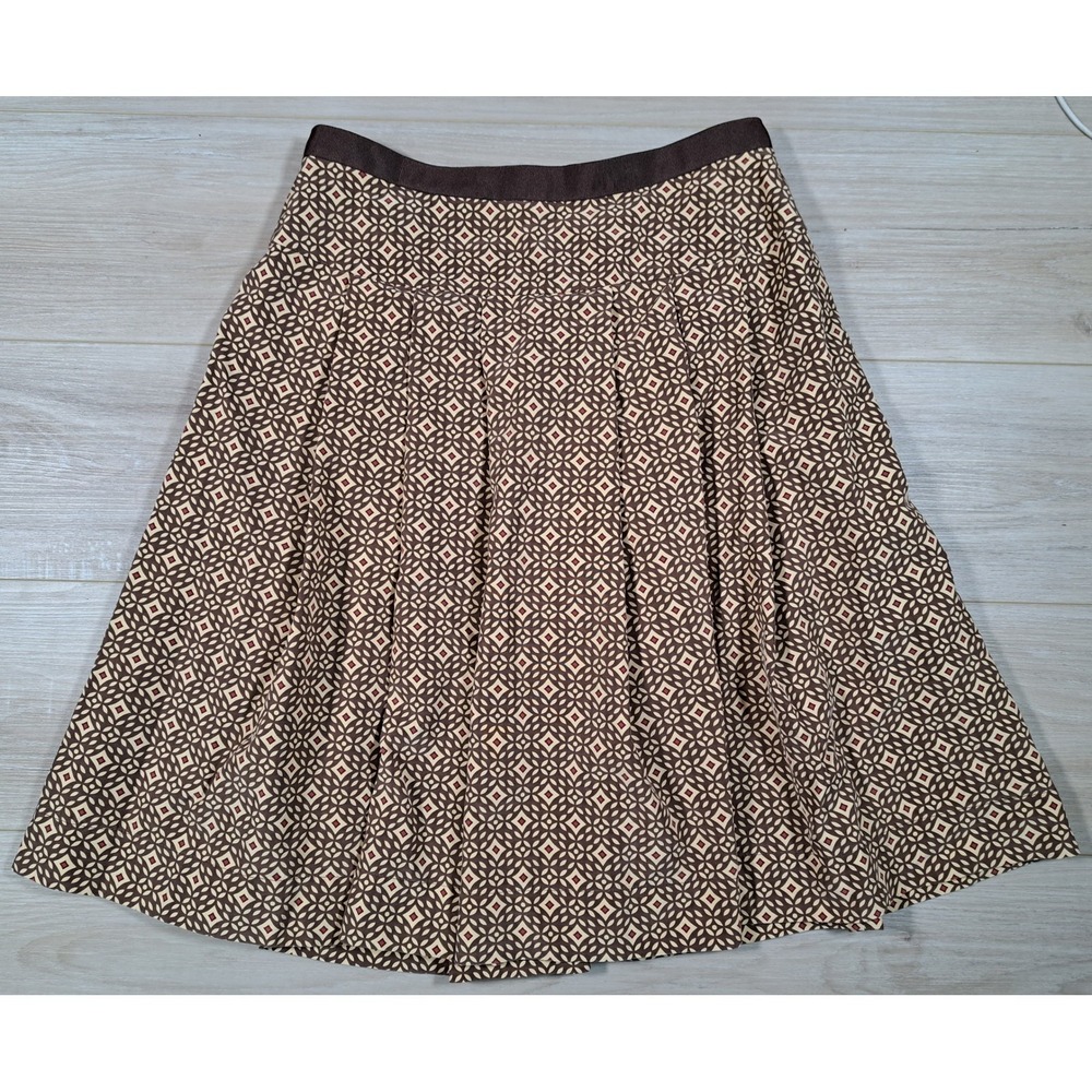Anne Klein Brown Geometric 100% Silk Pleated Skirt Womens Size 4 Knee Length